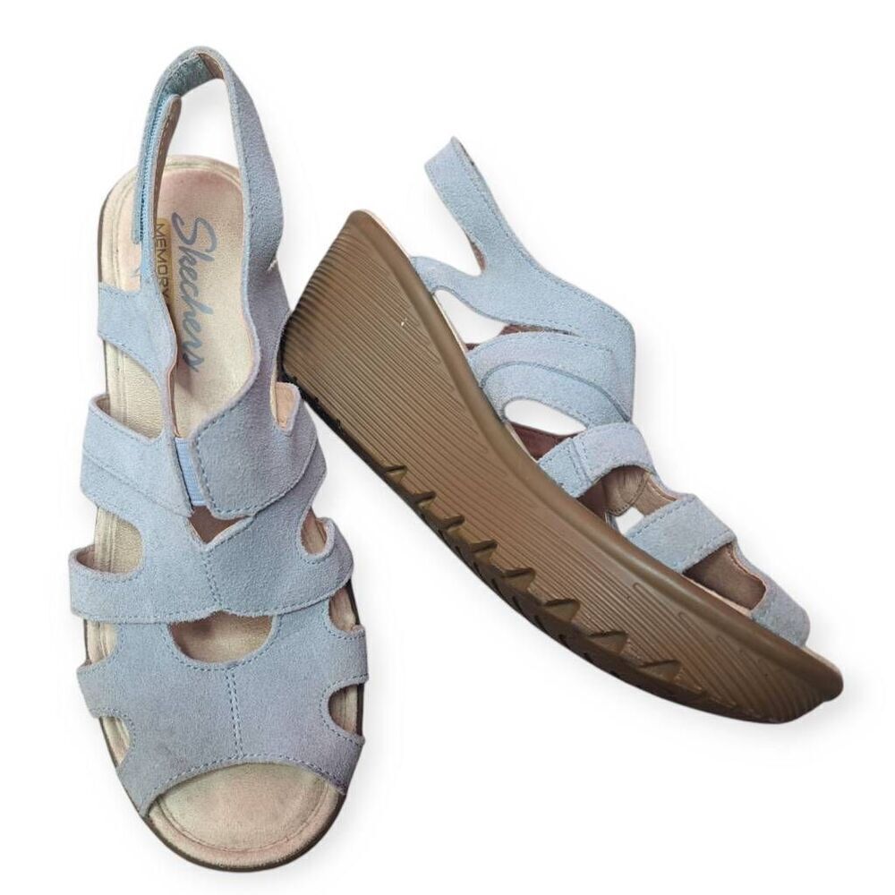 Skechers Women's Suede Peep-Toe Slingback Wedges Parallel Stylin size 6 Light Bl